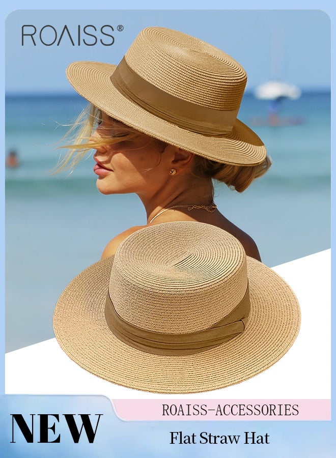 roaiss Women's Wide-brimmed Straw Sun Hat, Panama Holiday Beach Hat, Retro Classic Breathable Flat-top Holiday Cap, Suitable for Ladies Travel, Beach, Seaside - Image 1
