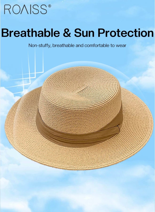 roaiss Women's Wide-brimmed Straw Sun Hat, Panama Holiday Beach Hat, Retro Classic Breathable Flat-top Holiday Cap, Suitable for Ladies Travel, Beach, Seaside - Image 3
