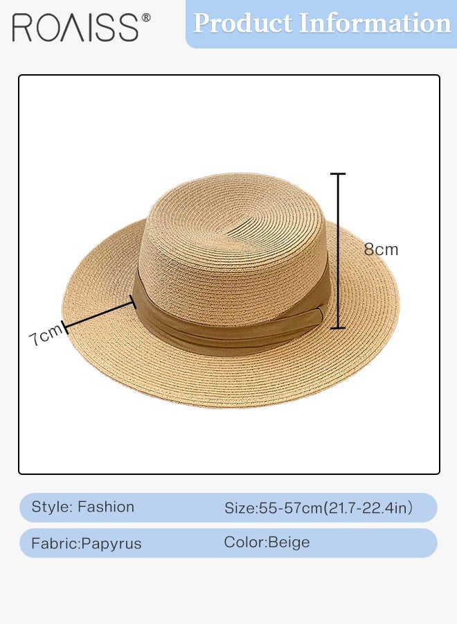 roaiss Women's Wide-brimmed Straw Sun Hat, Panama Holiday Beach Hat, Retro Classic Breathable Flat-top Holiday Cap, Suitable for Ladies Travel, Beach, Seaside - Image 2