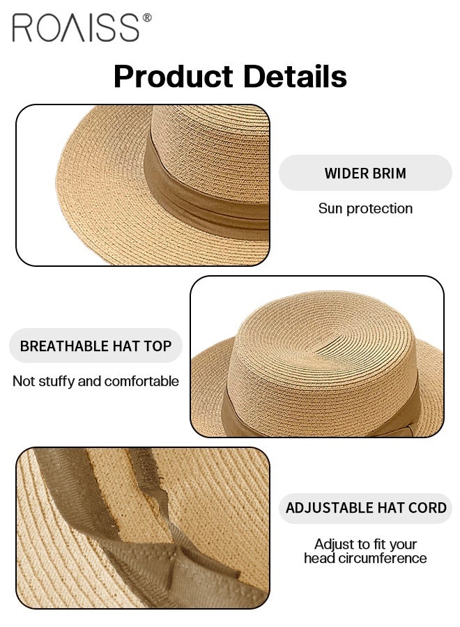 roaiss Women's Wide-brimmed Straw Sun Hat, Panama Holiday Beach Hat, Retro Classic Breathable Flat-top Holiday Cap, Suitable for Ladies Travel, Beach, Seaside - Image 4