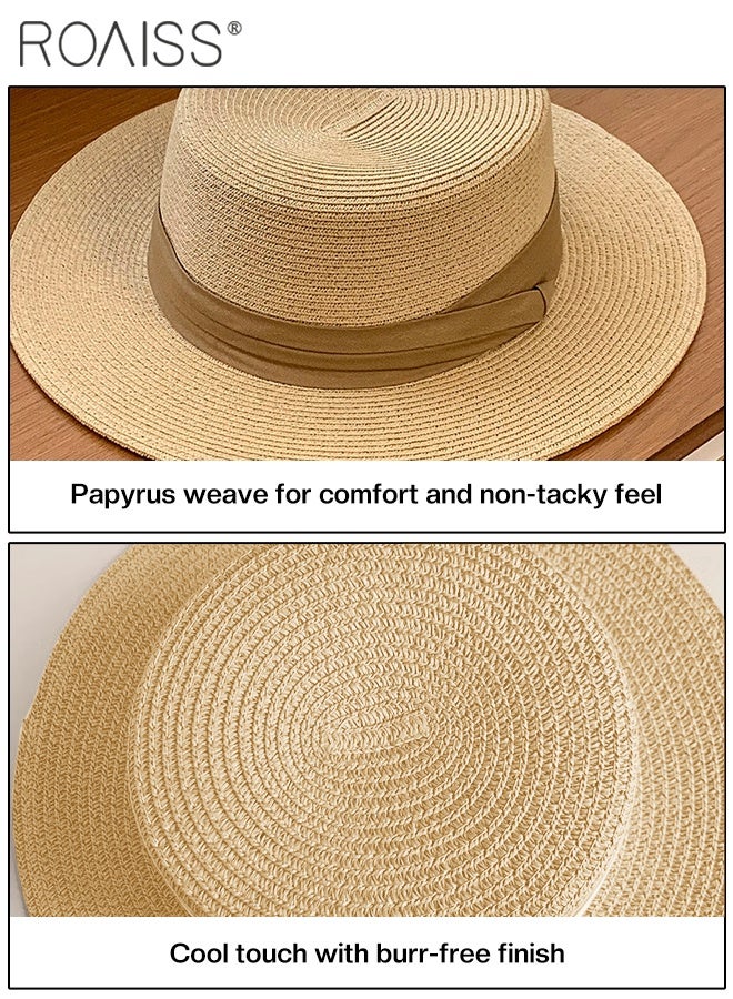 roaiss Women's Wide-brimmed Straw Sun Hat, Panama Holiday Beach Hat, Retro Classic Breathable Flat-top Holiday Cap, Suitable for Ladies Travel, Beach, Seaside - Image 5