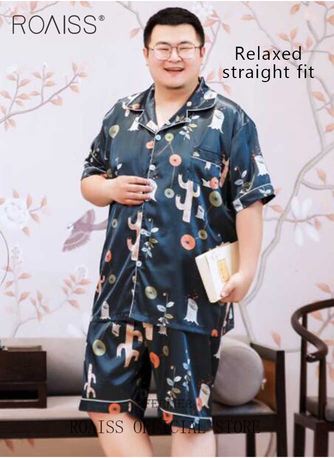 roaiss - 2-Piece Set Men's Short Sleeves Pajamas Pants Sleepwear Sets Satin Leaf Printing Silk Nightgown Male Loose Shirts Spring Summer Thin Loungewear Home Clothes - Image 1