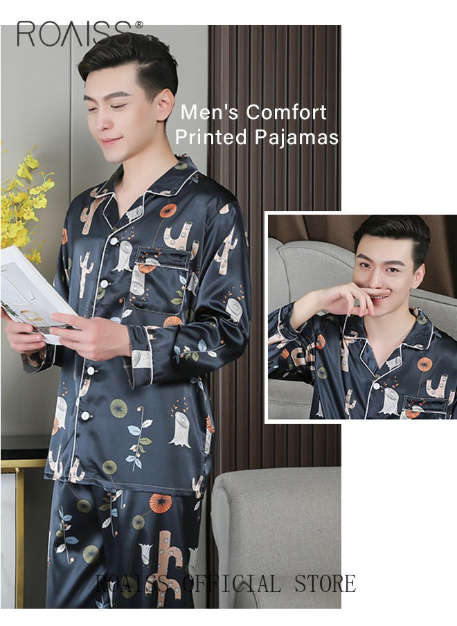 roaiss - 2-Piece Set Men's Short Sleeves Pajamas Pants Sleepwear Sets Satin Leaf Printing Silk Nightgown Male Loose Shirts Spring Summer Thin Loungewear Home Clothes - Image 1