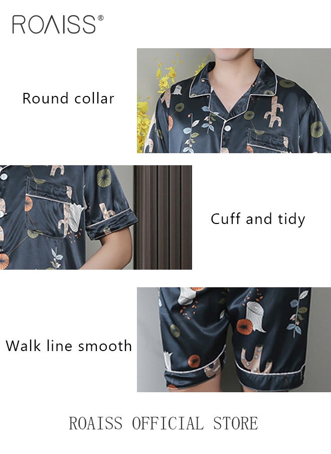 roaiss - 2-Piece Set Men's Short Sleeves Pajamas Pants Sleepwear Sets Satin Leaf Printing Silk Nightgown Male Loose Shirts Spring Summer Thin Loungewear Home Clothes - Image 1