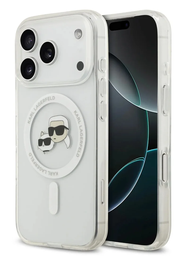 كارل لاغرفيلد جراب MagSafe IML لهاتف iPhone 17 Pro مطبوع عليه شعار Karl & Choupette / سهل التركيب / تصميم رفيع / خفيف الوزن / غطاء خلفي - شفاف