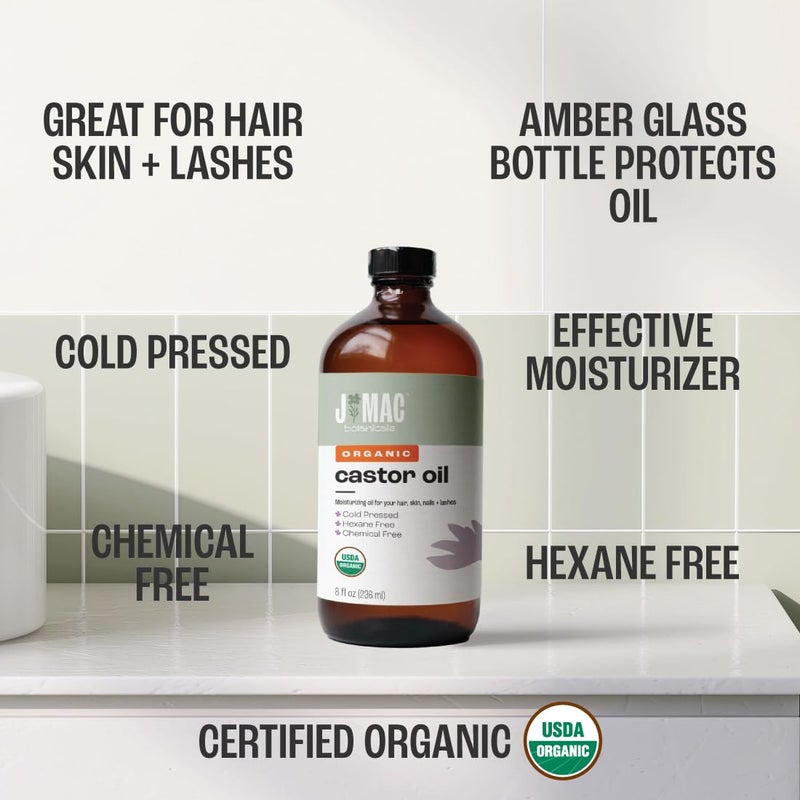 J MAC BOTANICALS, Organic Castor Oil Cold Pressed (Glass Bottle, 8 oz) pure unrefined, hexane free for face, skin, eyelashes, pack wraps, pads - Image 3