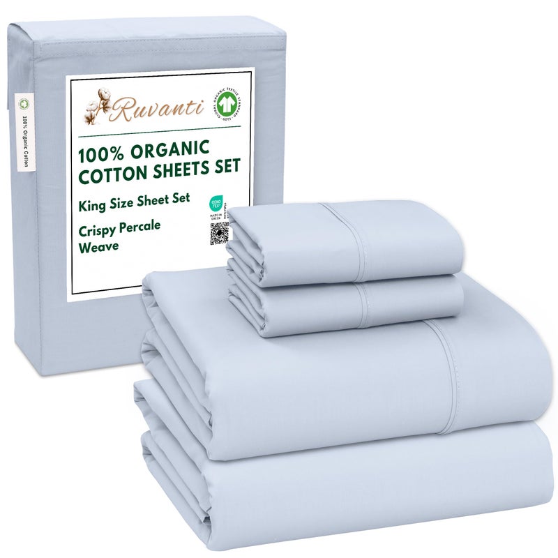 RUVANTI 100% Organic Cotton Sheets King Size, Percale Weave, GOTS Certified, 4-Piece Set, Deep Pocket 15", Crisp & Breathable, Soft Durable Bedding, SÃ¡banas AlgodÃ³n OrgÃ¡nico â€“ Arctic Ice - Image 1