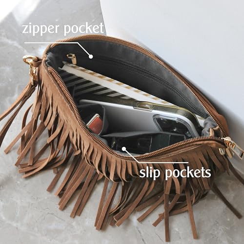 HOXIS Fringe Cross Body Bag Womens Small Shoulder Bag Top Zip Wristlet Brown - Image 5