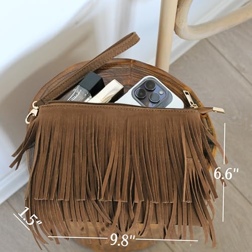 HOXIS Fringe Cross Body Bag Womens Small Shoulder Bag Top Zip Wristlet Brown - Image 3