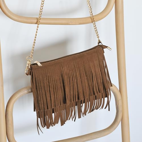 HOXIS Fringe Cross Body Bag Womens Small Shoulder Bag Top Zip Wristlet Brown - Image 2