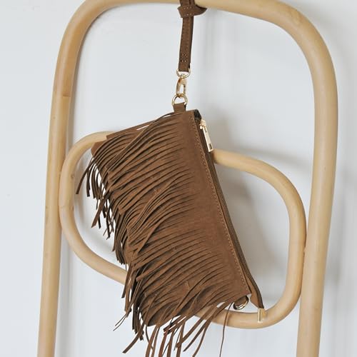 HOXIS Fringe Cross Body Bag Womens Small Shoulder Bag Top Zip Wristlet Brown - Image 4