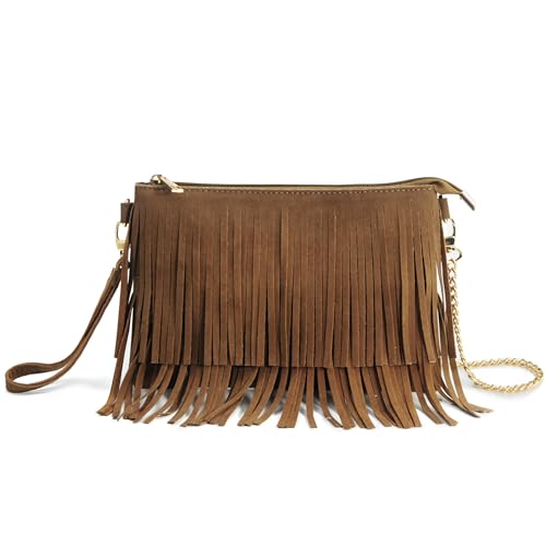 HOXIS Fringe Cross Body Bag Womens Small Shoulder Bag Top Zip Wristlet Brown - Image 1