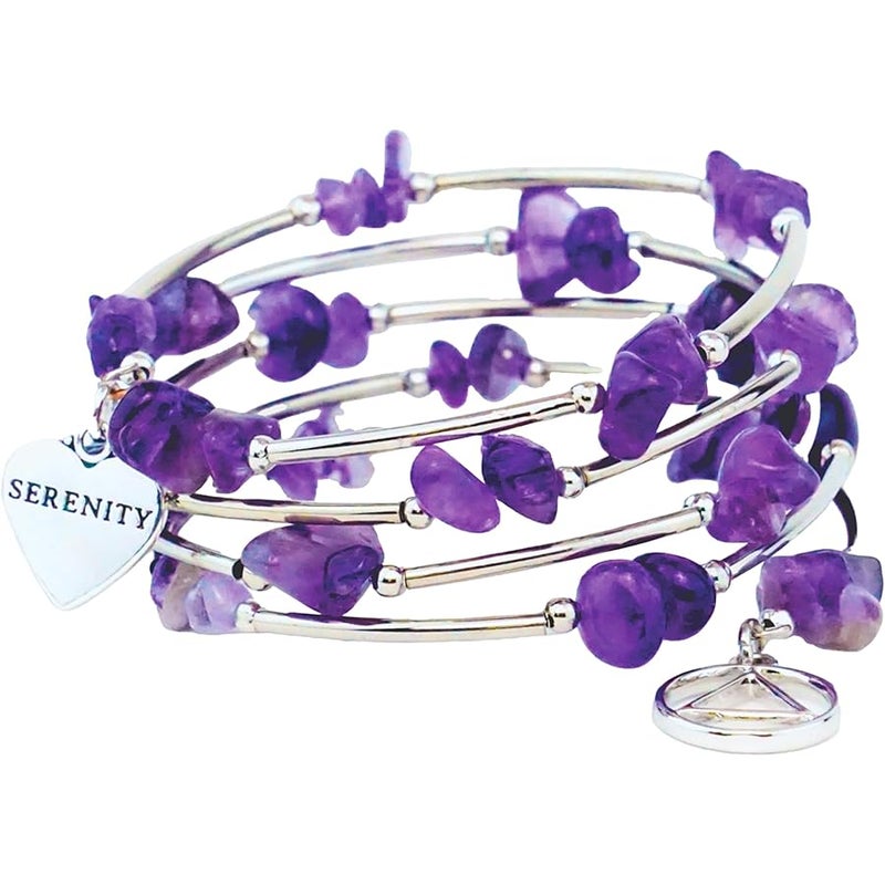 The Token Shop Amethyst AA Bracelet with Alcoholics Anonymous Circle Triangle Symbol and Serenity Heart Charm | Sobriety Gift for Women, One Size Fits Most, Stainless Steel, Amethyst - Image 1