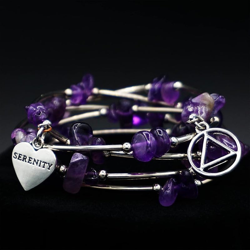 The Token Shop Amethyst AA Bracelet with Alcoholics Anonymous Circle Triangle Symbol and Serenity Heart Charm | Sobriety Gift for Women, One Size Fits Most, Stainless Steel, Amethyst - Image 5