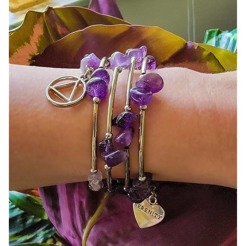The Token Shop Amethyst AA Bracelet with Alcoholics Anonymous Circle Triangle Symbol and Serenity Heart Charm | Sobriety Gift for Women, One Size Fits Most, Stainless Steel, Amethyst - Image 4