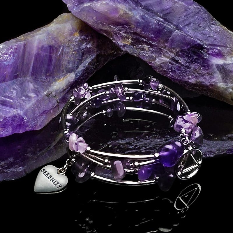 The Token Shop Amethyst AA Bracelet with Alcoholics Anonymous Circle Triangle Symbol and Serenity Heart Charm | Sobriety Gift for Women, One Size Fits Most, Stainless Steel, Amethyst - Image 3