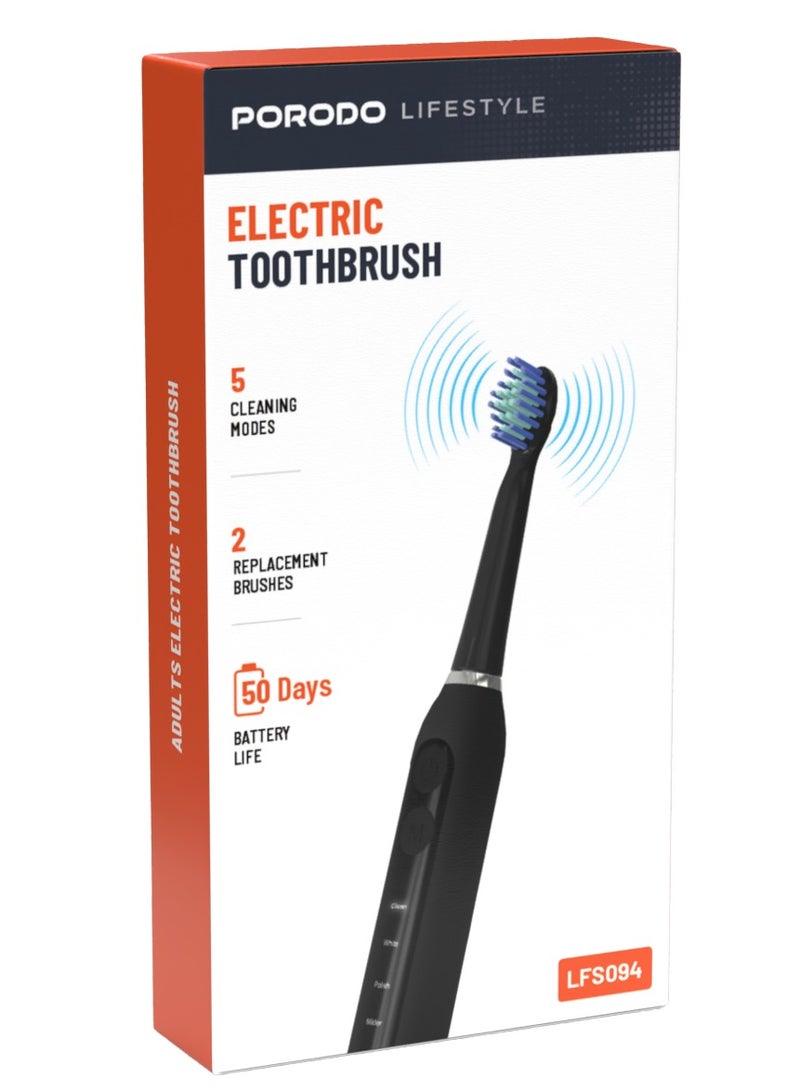 porodo Lifestyle Electric Toothbrush with 5 Cleaning Modes and 2 Replacement Brushes / 50 Days Battery Life / High-Quality Bristles / Advanced Cleaning / Type-C Charging Interface / LFS094 - Black - Image 3