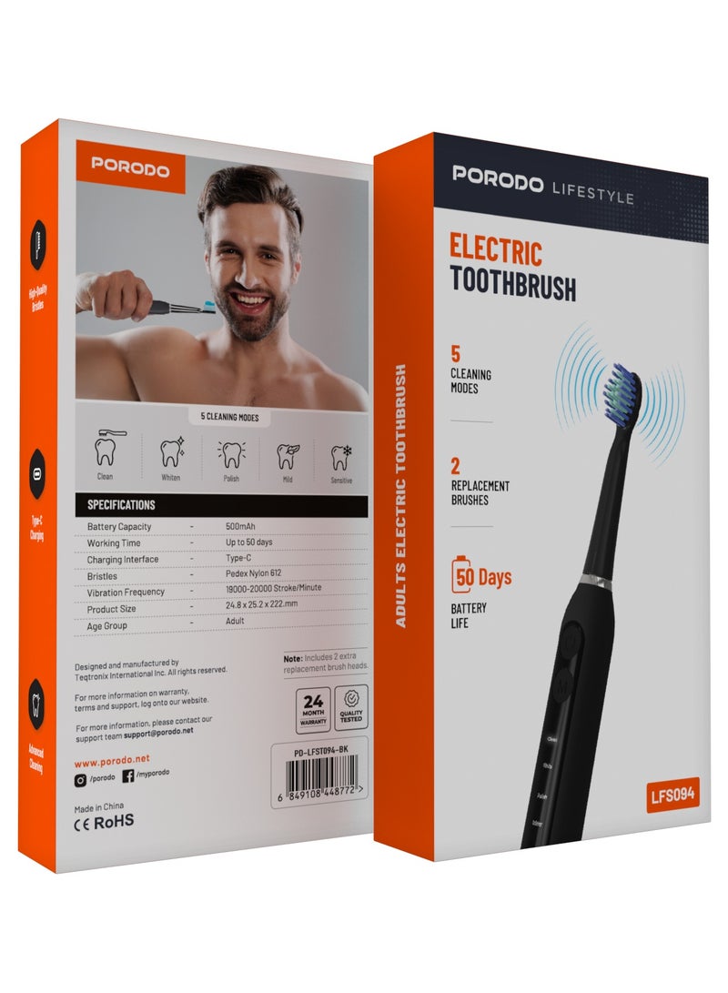 porodo Lifestyle Electric Toothbrush with 5 Cleaning Modes and 2 Replacement Brushes / 50 Days Battery Life / High-Quality Bristles / Advanced Cleaning / Type-C Charging Interface / LFS094 - Black - Image 4