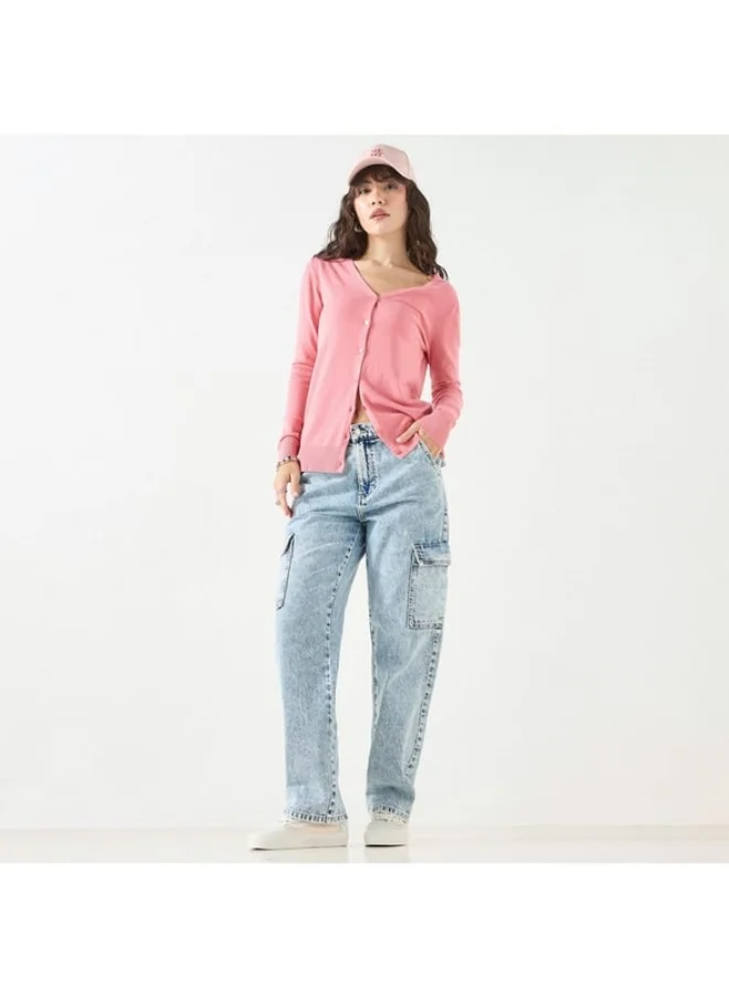 2Xtremz 2Xtremz Solid V-Neck Cardigan with Long Sleeves and Button Closure