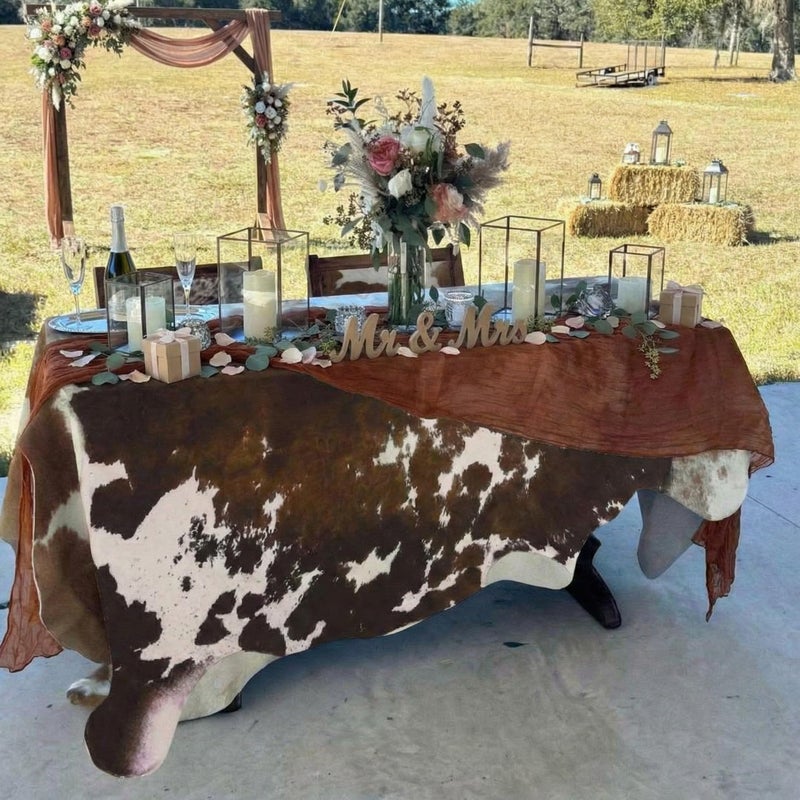 Tegeme 35.43 x 59.06 Inches Faux Cowhide Tablecloth Western Cowboy Party Decorations Brown Cow Print Table Cover for Western Birthday West Country Wedding Party Decor Supplies - Image 3