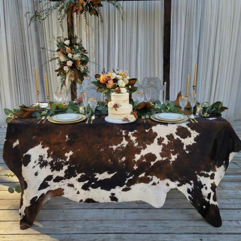 Tegeme 35.43 x 59.06 Inches Faux Cowhide Tablecloth Western Cowboy Party Decorations Brown Cow Print Table Cover for Western Birthday West Country Wedding Party Decor Supplies - Image 5