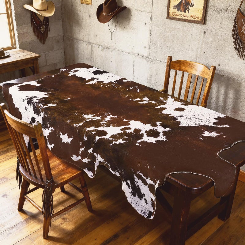 Tegeme 35.43 x 59.06 Inches Faux Cowhide Tablecloth Western Cowboy Party Decorations Brown Cow Print Table Cover for Western Birthday West Country Wedding Party Decor Supplies - Image 1