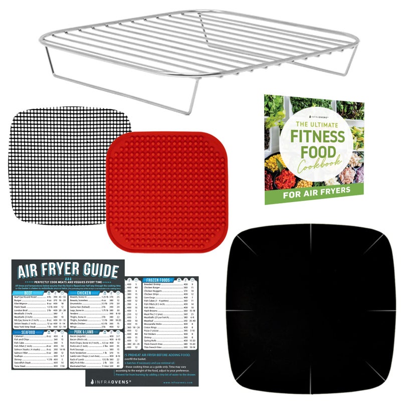 INFRAOVENS Air Fryer Accessories with Rack Reusable Mats and Cheat Sheet Guides Compatible with Gowise Chefman Cosori PowerXL Nuwave Gourmia  More  Stainless Steel Air Fryer Rack Square 87 inches 