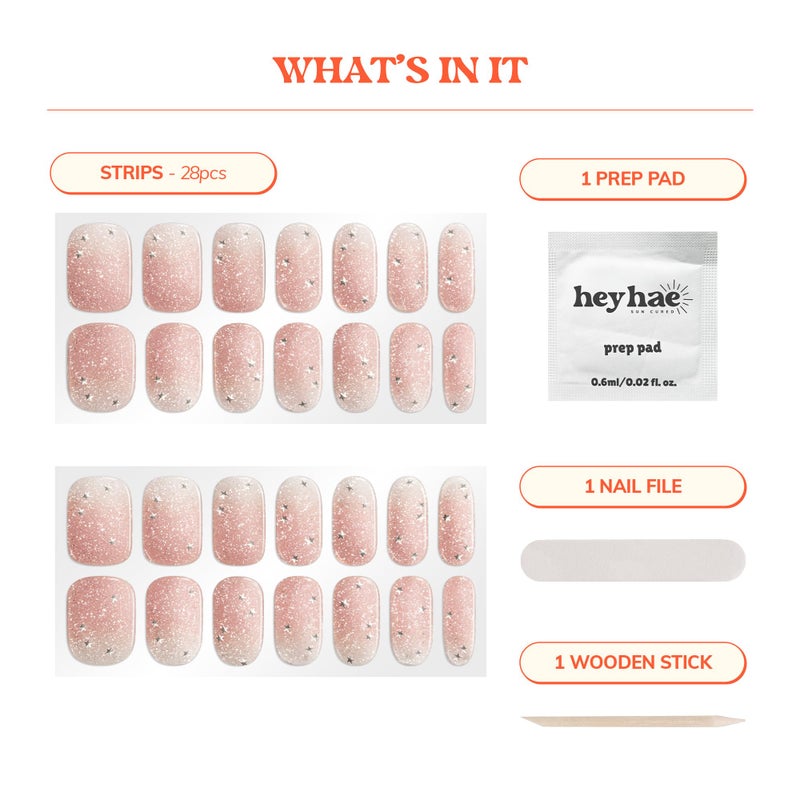 Heyhae Semi Cured Gel Nail Strips | No LED Lamp Needed | Glitter, Pink | Easy Apply & Remove, Salon Quality | Includes 28 Strips, 1 Prep Pads, Nail File & Wooden Stick - Hey, RosÃ© All Day - Image 3