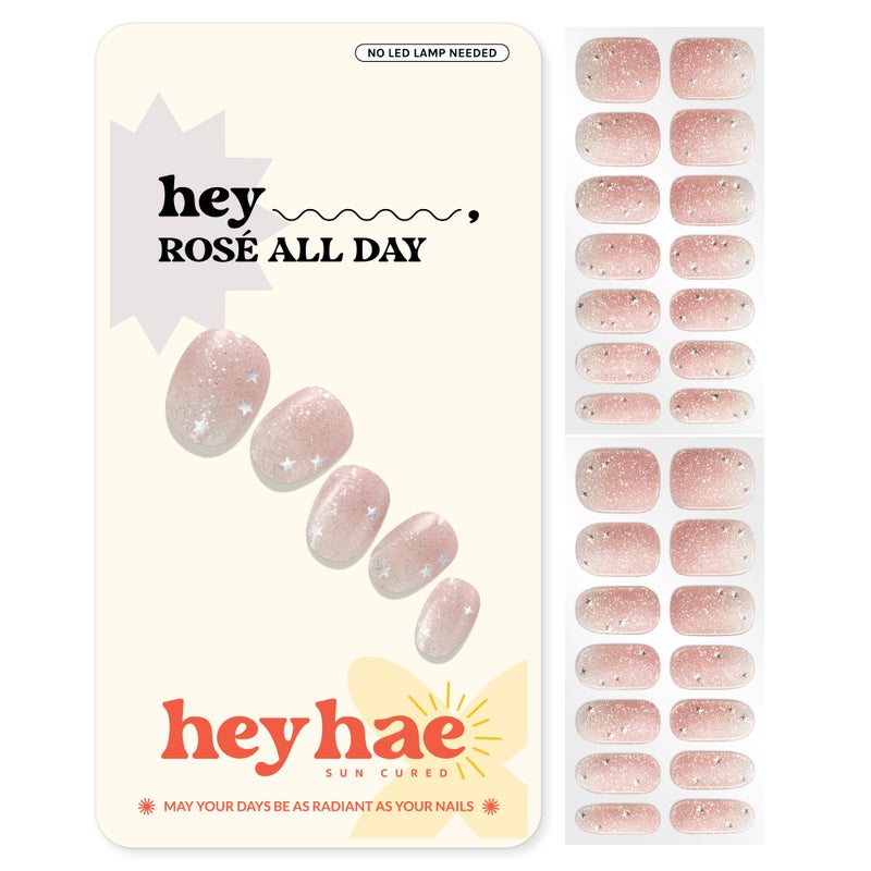 Heyhae Semi Cured Gel Nail Strips | No LED Lamp Needed | Glitter, Pink | Easy Apply & Remove, Salon Quality | Includes 28 Strips, 1 Prep Pads, Nail File & Wooden Stick - Hey, RosÃ© All Day - Image 1