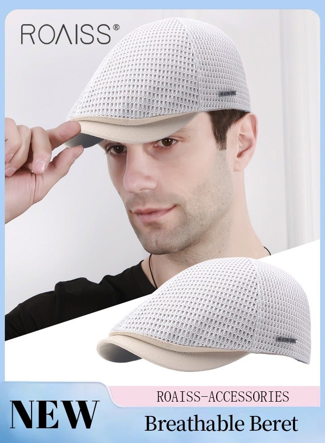 roaiss Adjustable Newsboy Cap for Men Vintage Beret Flat Cap Breathable Mesh Hat Mens Summer Hat Golf Fishing Hat (Beige, One Size) - Image 1