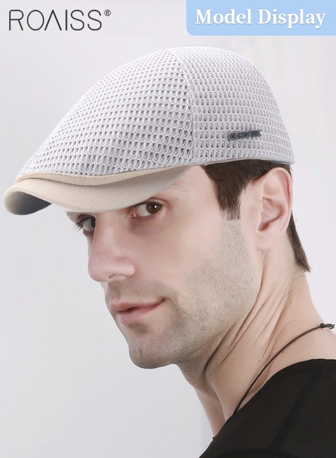 roaiss Adjustable Newsboy Cap for Men Vintage Beret Flat Cap Breathable Mesh Hat Mens Summer Hat Golf Fishing Hat (Beige, One Size) - Image 2