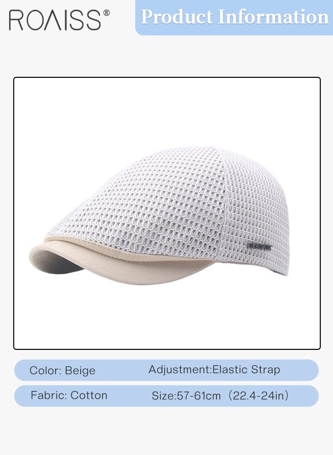 roaiss Adjustable Newsboy Cap for Men Vintage Beret Flat Cap Breathable Mesh Hat Mens Summer Hat Golf Fishing Hat (Beige, One Size) - Image 3
