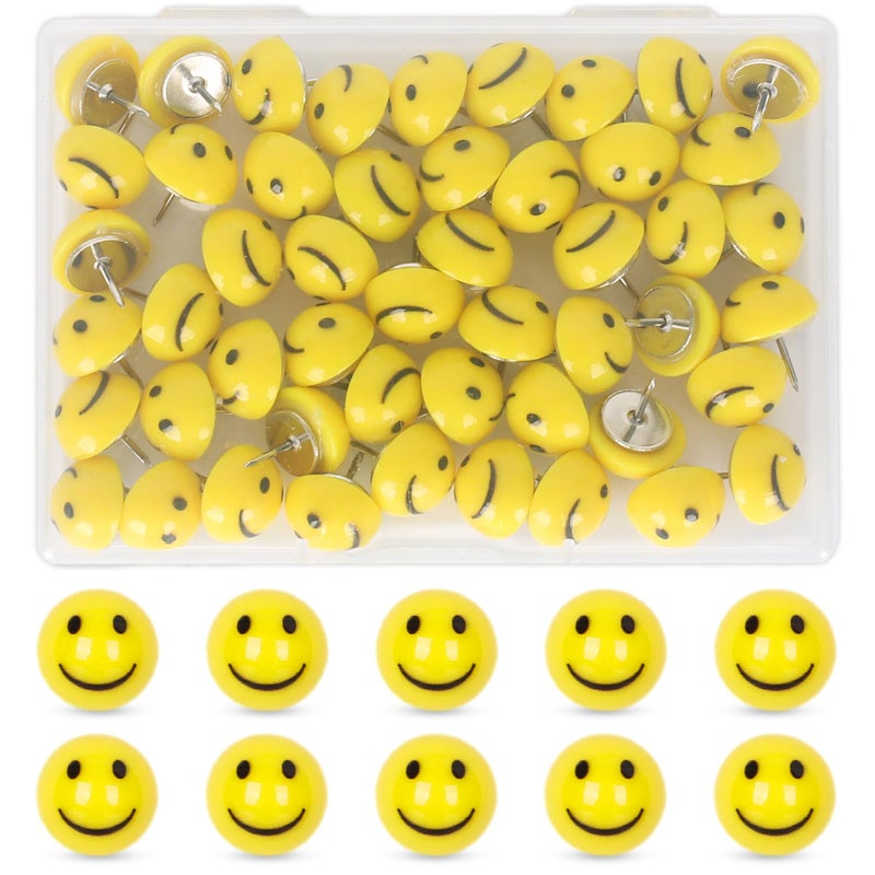 Whaline 50Pcs Resin Happy Face Push Pins Smile Face Decorative Thumb Tacks Cute Yellow Cork Board Thumbtacks for Bulletin Board Photo Wall Decor Office Supplies
