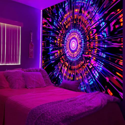 PSYHILAR Blacklight Mandala Tapestry for Bedroom, Psychedelic Black Light Posters for Adults and Teens, Colorful UV Reactive Aesthetic Bohemian Art Wall Hanging Decor Red and Purple (60 x 50 Inches) - Image 1