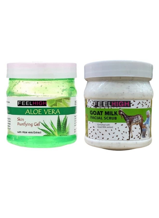FEELHIGH ALOEVERA GEL ENRICHED WITH ALOEVERA EXTRACT 500ML & GOAT MILK SCRUB ENRICHED WITH GOAT MILK EXTRACT 500ML- FACE & BODY CARE -SKIN CARE PRODUCTS (Set of 2) - Image 1