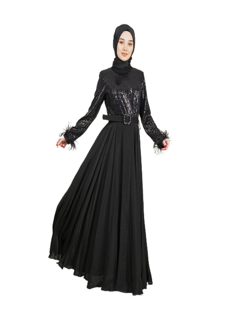 Lamora Women's Long Dress with Sleeves Tassel Sequined and Belt Evening Dress for Special Occasions Black - Image 1