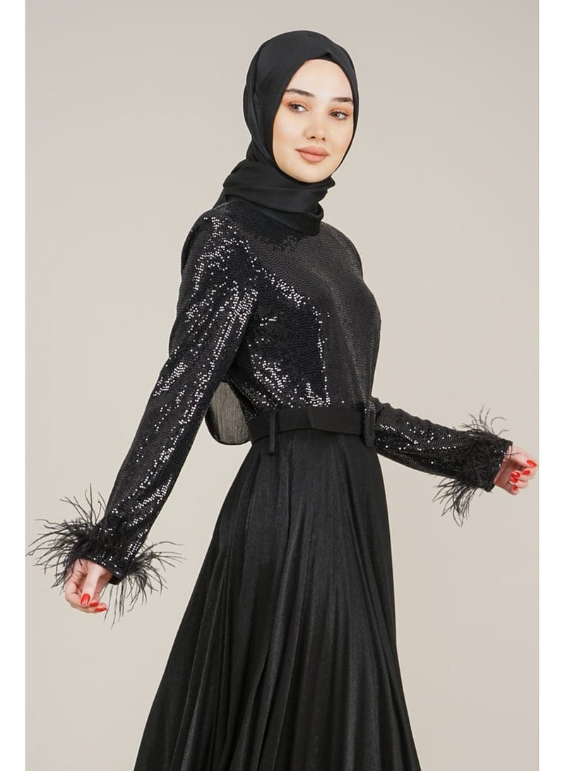 Lamora Women's Long Dress with Sleeves Tassel Sequined and Belt Evening Dress for Special Occasions Black - Image 2