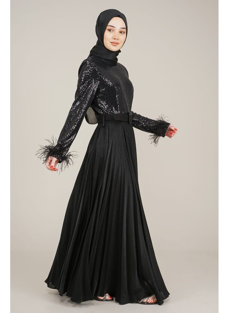 Lamora Women's Long Dress with Sleeves Tassel Sequined and Belt Evening Dress for Special Occasions Black - Image 3