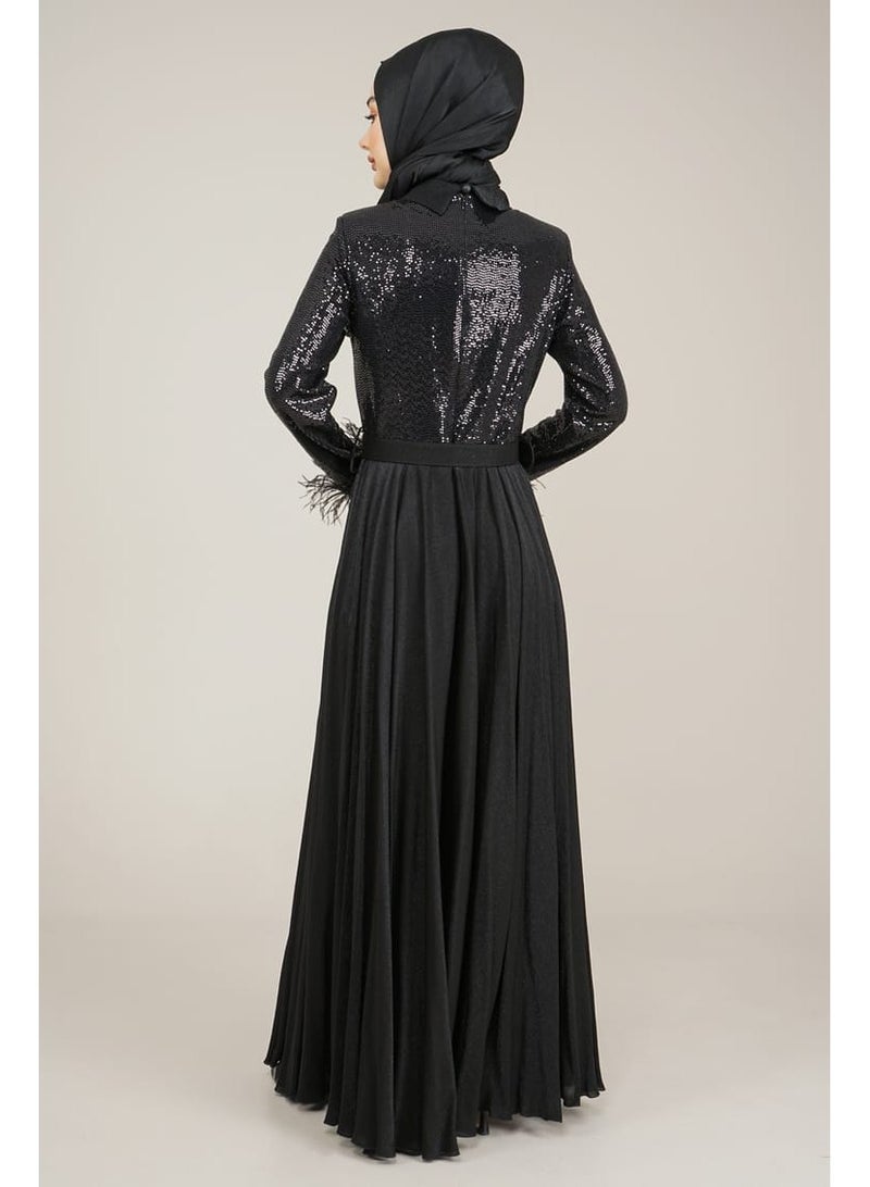 Lamora Women's Long Dress with Sleeves Tassel Sequined and Belt Evening Dress for Special Occasions Black - Image 4