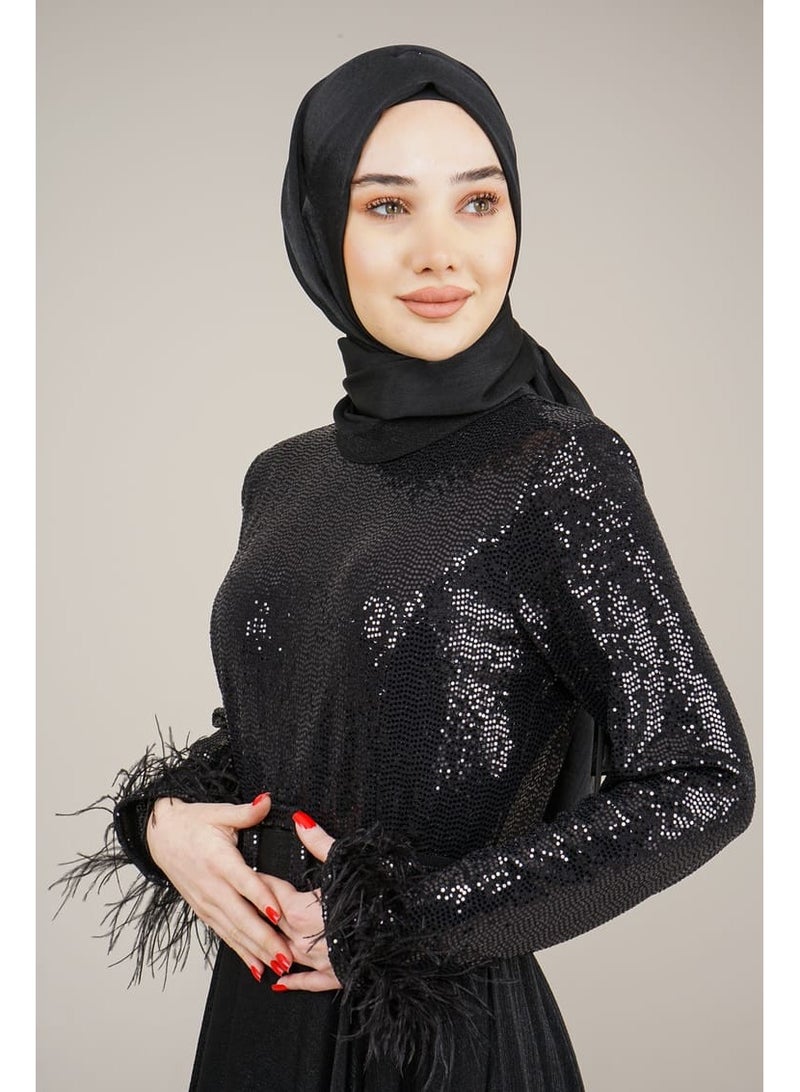 Lamora Women's Long Dress with Sleeves Tassel Sequined and Belt Evening Dress for Special Occasions Black - Image 5