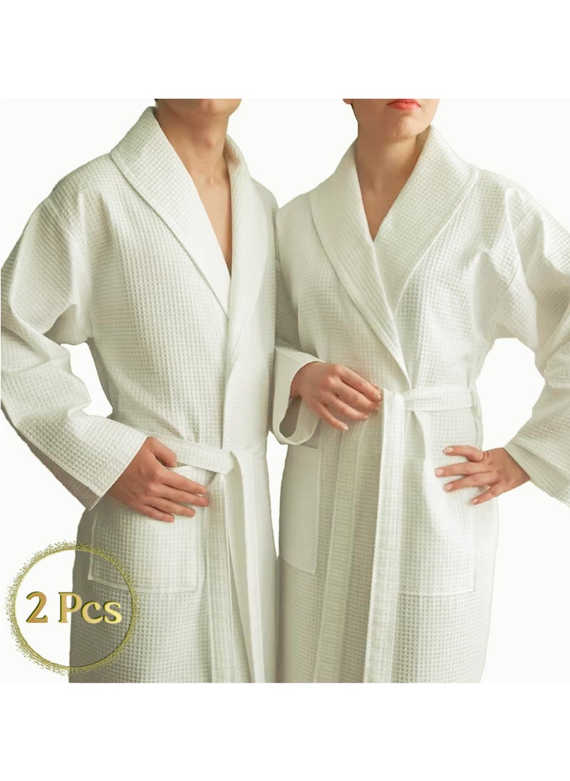 MAXQON Pack Of 2 - Bathrobes (Unisex) - 100% Cotton Waffle Highly Absorbent Super Soft Bathrobes For Women & Men- Adult Size, Color White  - Image 1