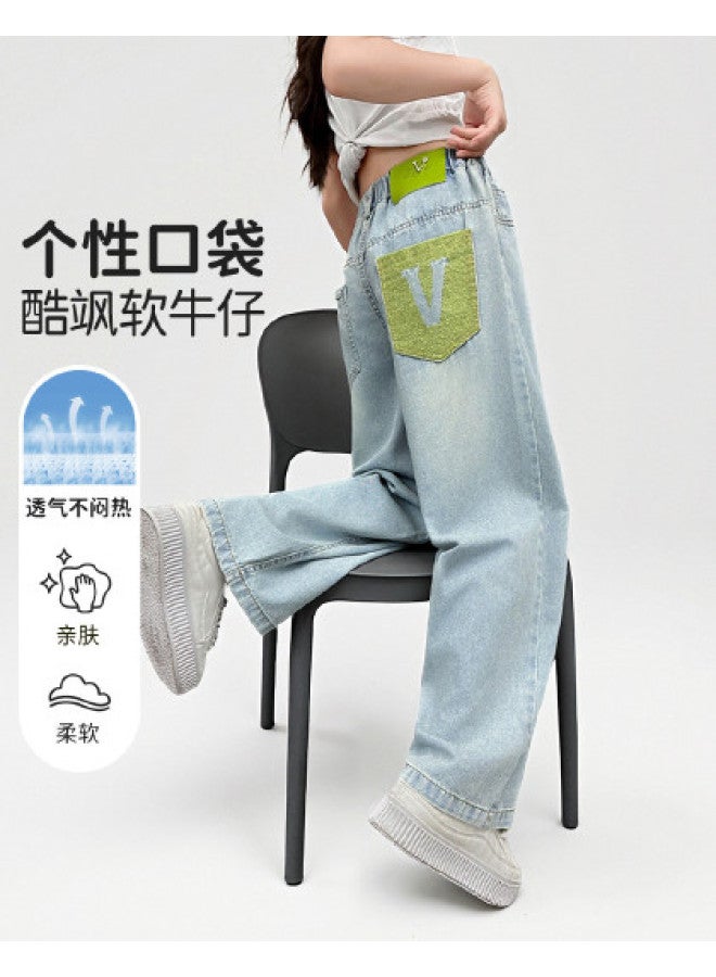 Bumblebee Girls Pants Summer 2025 New Arrival Fashionable Straight Wide Leg Thin Trendy Outfit For Big Kids - Image 1