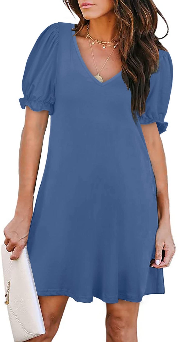 Aloodor Cute Dresses for Women Puff Short Sleeve Cocktail Dress Dutch Blue L - Image 4