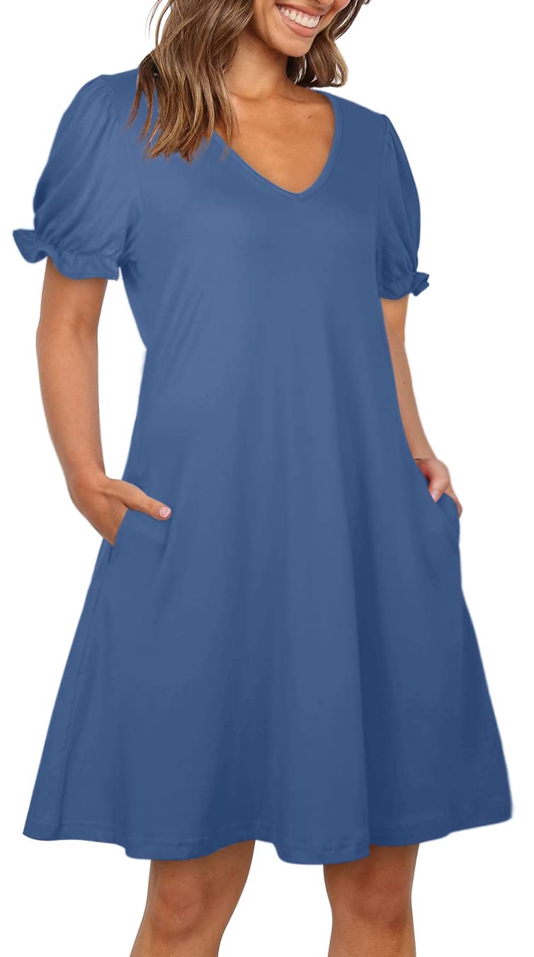 Aloodor Cute Dresses for Women Puff Short Sleeve Cocktail Dress Dutch Blue L - Image 2