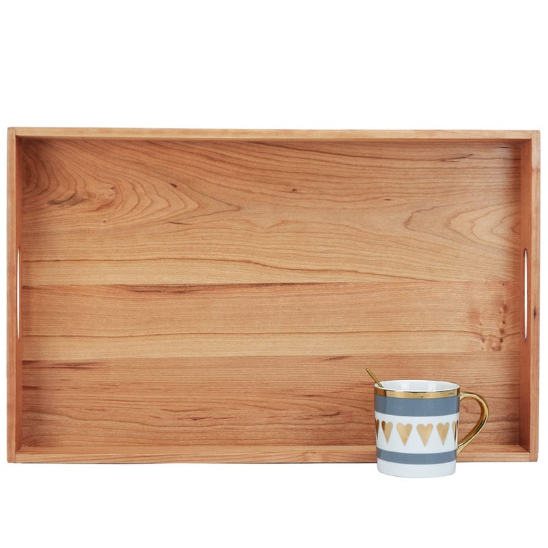 MAGIGO 22 x 14 Inches Large Rectangle Cherry Wood Ottoman Tray with Handles Serve Tea Coffee or Breakfast in Bed Classic Wooden Decorative Serving Tray