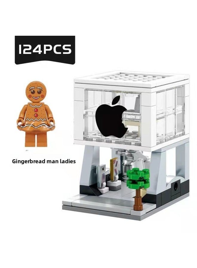 For Apple Mobile Phone Store Small Particle Building Blocks For Apple Watch Watch Watch Watch Charging Stand Doll Decoration Decoration Lights-Color:For Apple Store + Gingerbread Man Lady + Lights  - Image 1