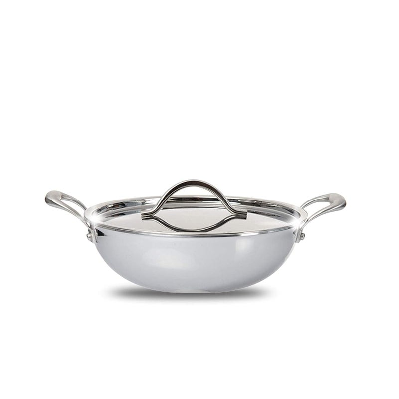 Fackelmann Triply Stainless Steel Kadai with Designer Lid 24 cm 250 litres Silver Induction Friendly - Image 1