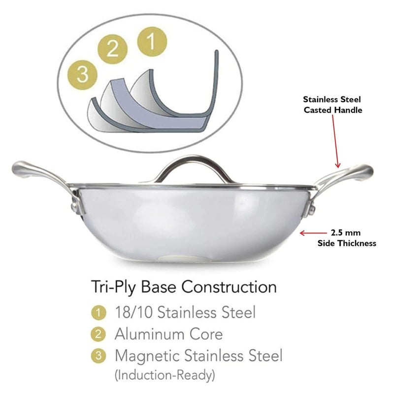 Fackelmann Triply Stainless Steel Kadai with Designer Lid 24 cm 250 litres Silver Induction Friendly - Image 4