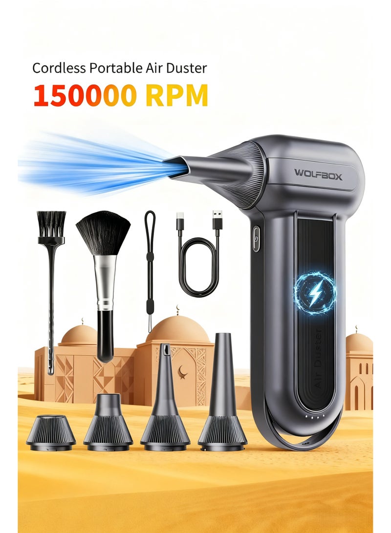 وولف بوكس منفضة هواء كهربائية من وولف بوكس ​​MF100 - 150,000 دورة في الدقيقة، منفضة هواء لاسلكية فائقة القوة، محرك بدون فرشاة قابل لإعادة الشحن، منفاخ غبار متين، منفاخ غبار قابل للتعديل بثلاث سرعات لأجهزة الكمبيوتر ولوحات المفاتيح والأماكن الخارجية والمنازل والسيارات - Image 1