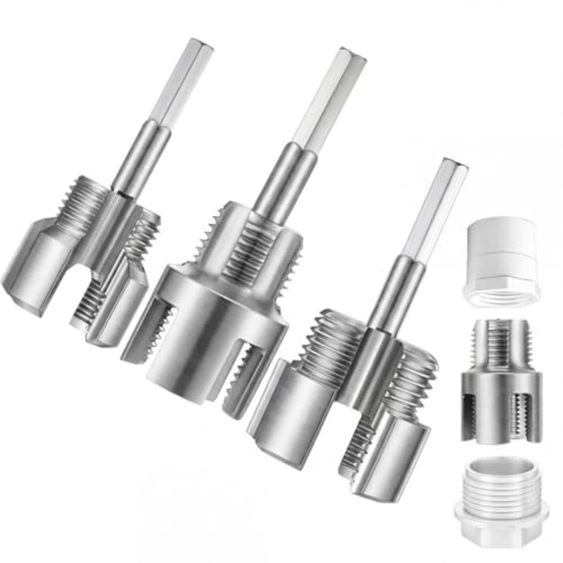 3 Pcs Pipe Thread Cutting Tool Integrated Internal and External Pipe Threading Tool Electric Drill Compatible PVC Tube Threader Kit, 1/2", 3/4", 1'' Tube Sizes Rethreading Kit - Image 1